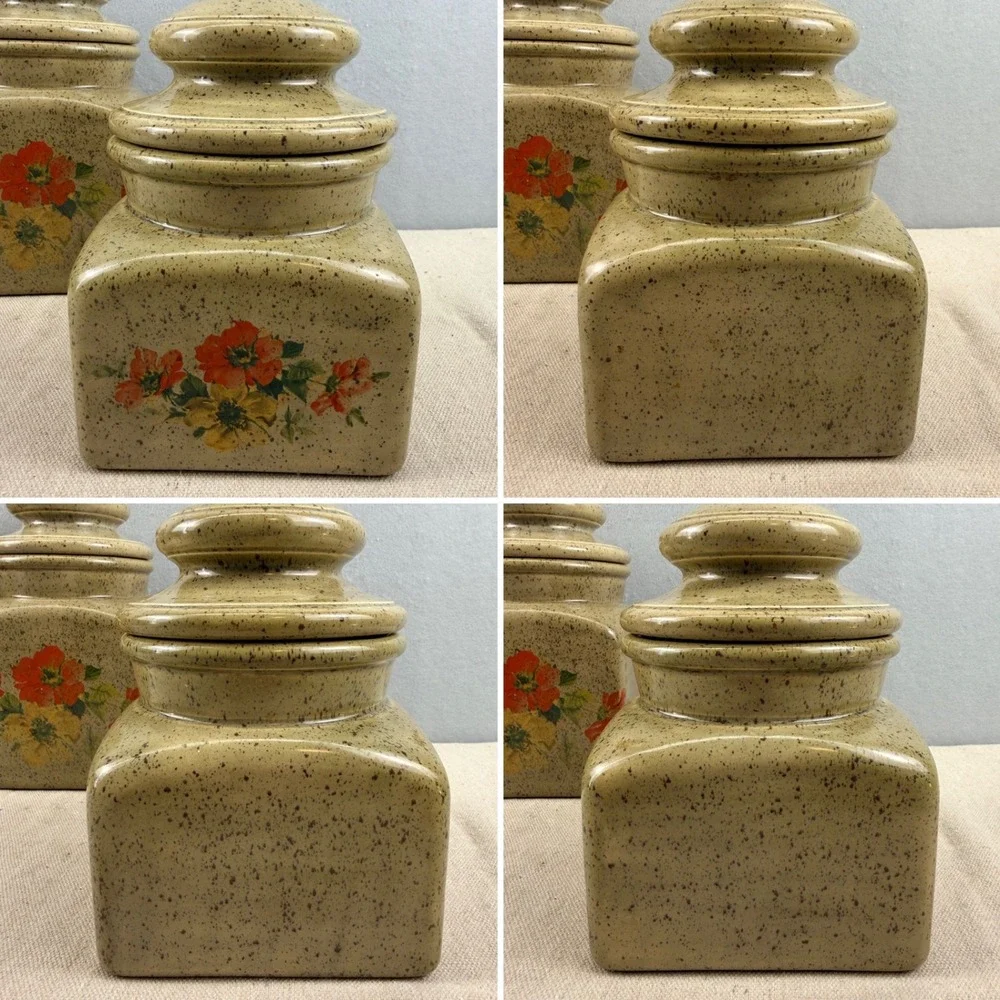 Vintage Clara's Ceramics Floral‎ Canister Set 3 Speckled Stoneware Retro Kitchen